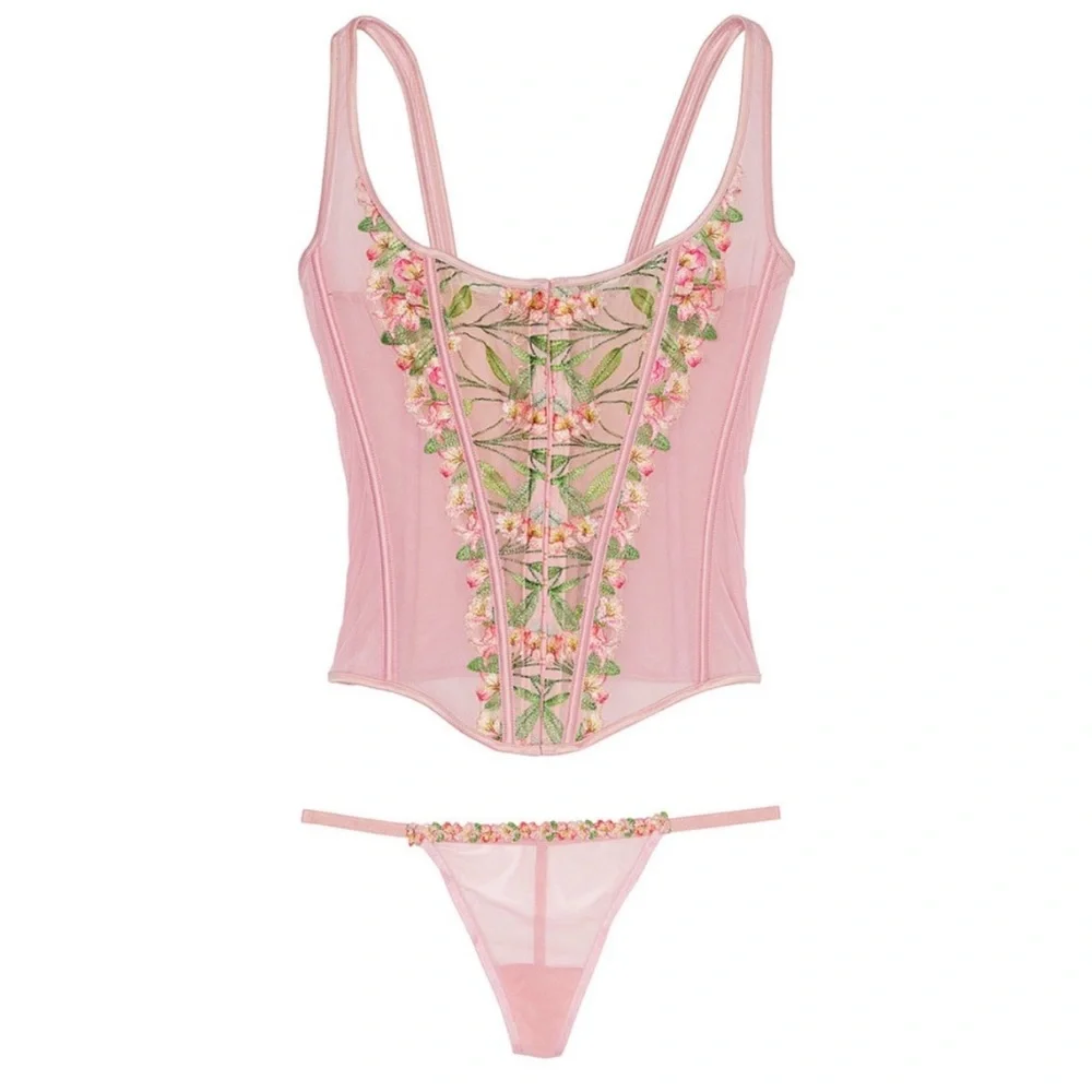 NWT Victoria's Secret Pink Lily Embroidered Corset G String 2 piece Set, Med DD - Picture 13 of 16